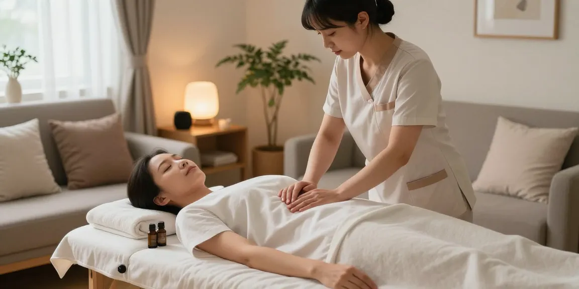 Seoul출장마사지 session in a cozy home setting, therapist providing relaxation services.