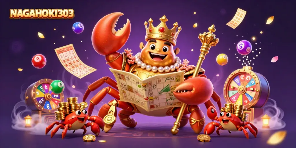 Ilustrasi 3D NAGAHOKI303 menampilkan kepiting emas yang megah dengan peta harta dan chip emas di lingkungan kasino menarik.