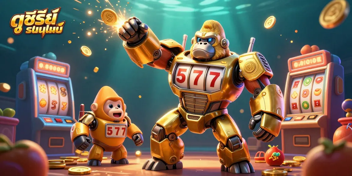 Explore the vibrant casino atmosphere in ดูซีรี่ย์ออนไลน์ featuring a golden gorilla mech amidst slot elements