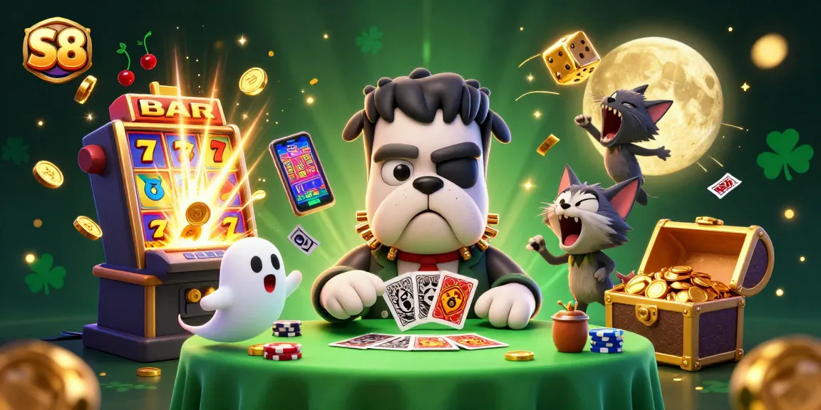 S8 captivates with a whimsical scene of a Frankenstein bulldog at a spooky casino table.