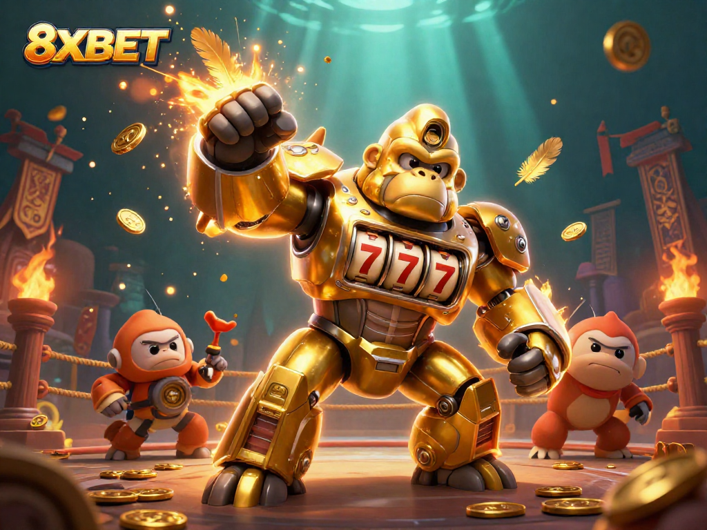 Experience thrilling gaming at 8XBET with a dynamic 3D illustration of a golden gorilla mech.