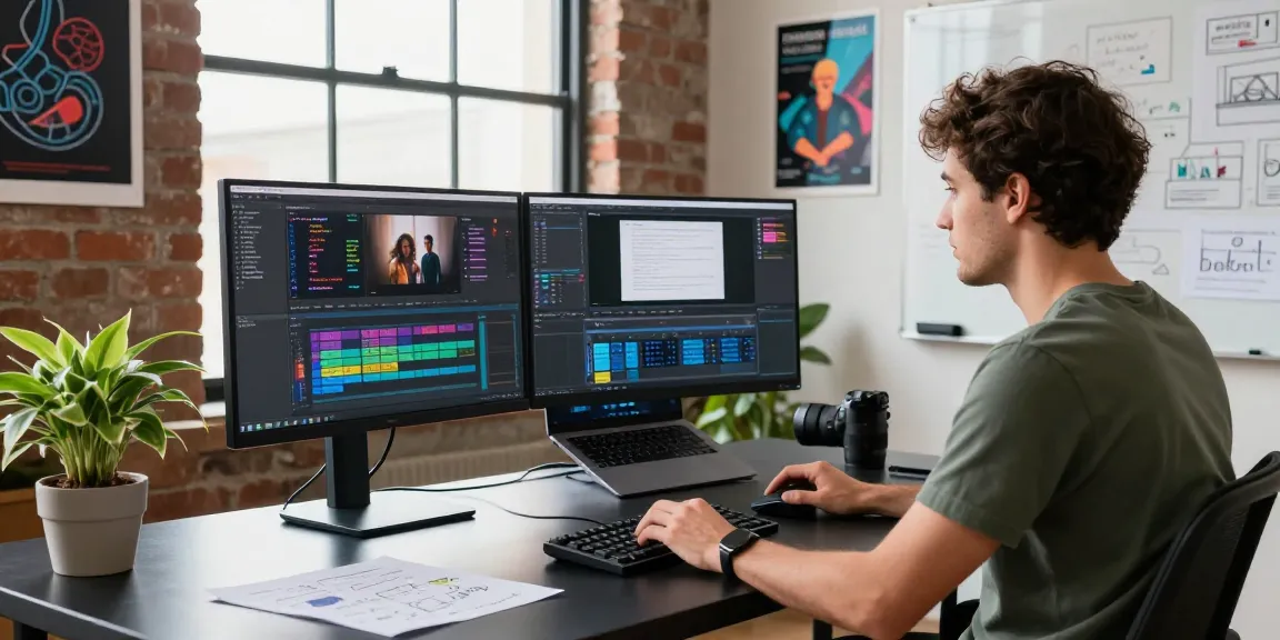 Developer using an AI video generator in a modern tech workspace with dual monitors and vibrant decor.