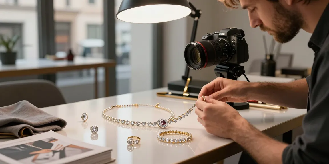 Fotografo gioielli Milano che scatta foto di alta qualità a gioielli preziosi nel suo studio moderno.