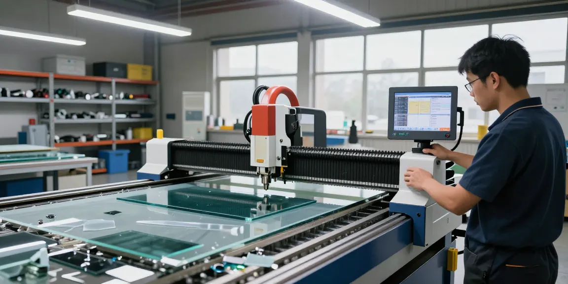 CNC glass cutting machine actively shaping glass sheets in a professional workshop setting.