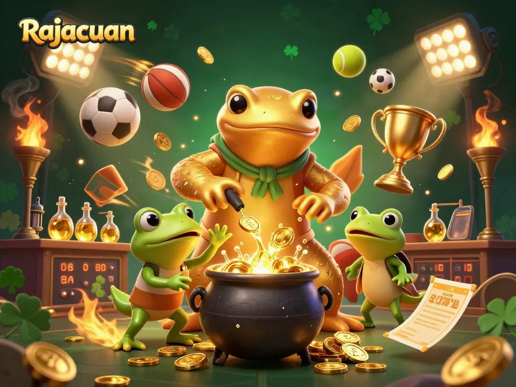 Rajacuan players engaging with vibrant gambling elements and golden treasures in an immersive casino scene.