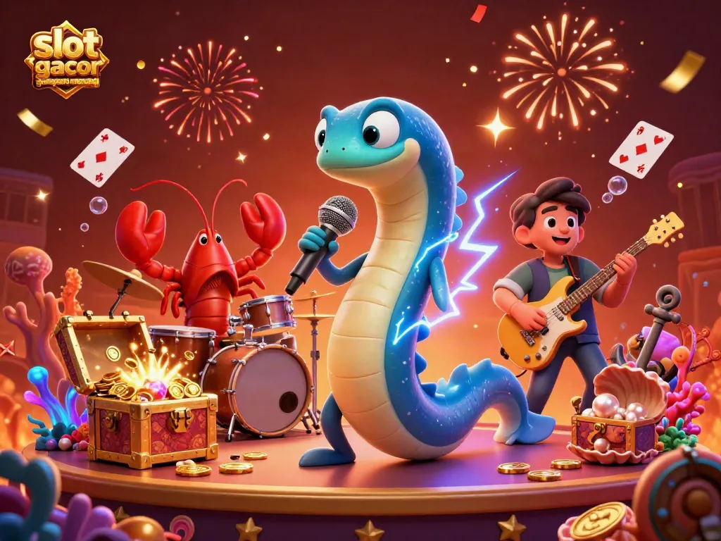 Experience slot gacor gampang menang with lively 3D dolphin DJ and underwater treasures in a vibrant casino scene.
