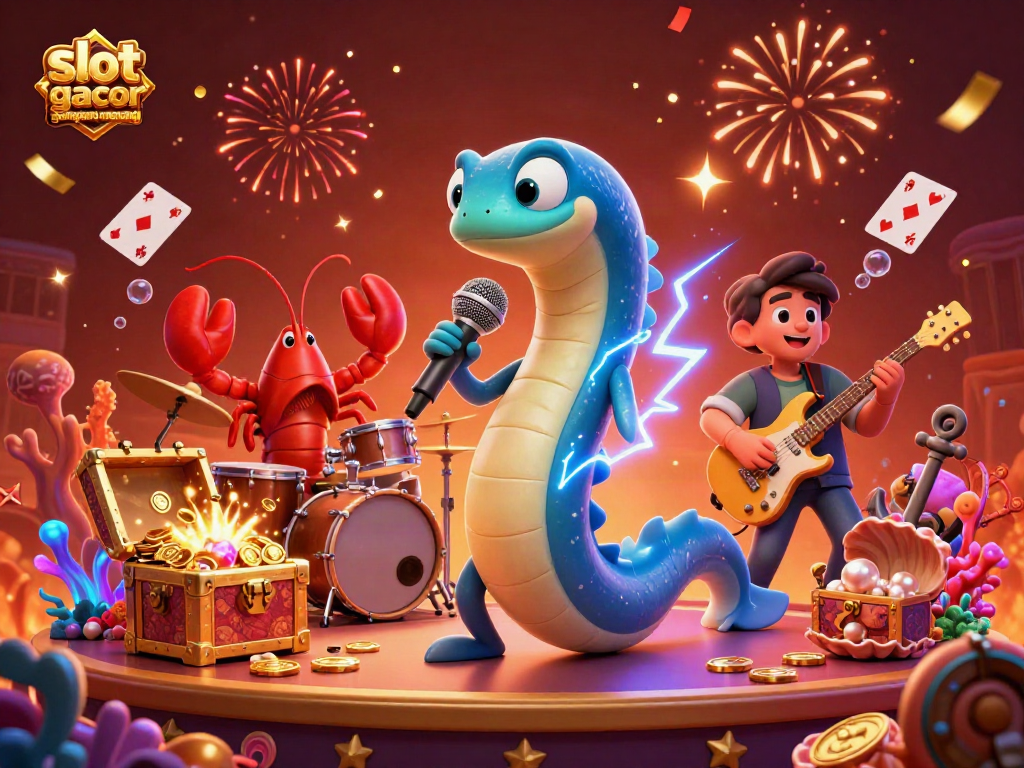 Experience slot gacor gampang menang with lively 3D dolphin DJ and underwater treasures in a vibrant casino scene.