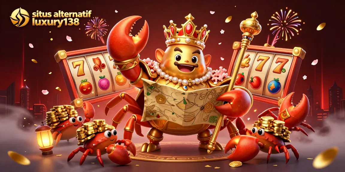 Engage with the excitement of situs alternatif luxury138 featuring a golden crab emperor, slot reels, and stunning visuals.