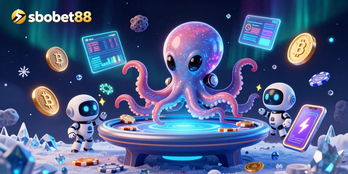 sbobet88 features a vibrant alien octopus in a space suit at a glowing poker table