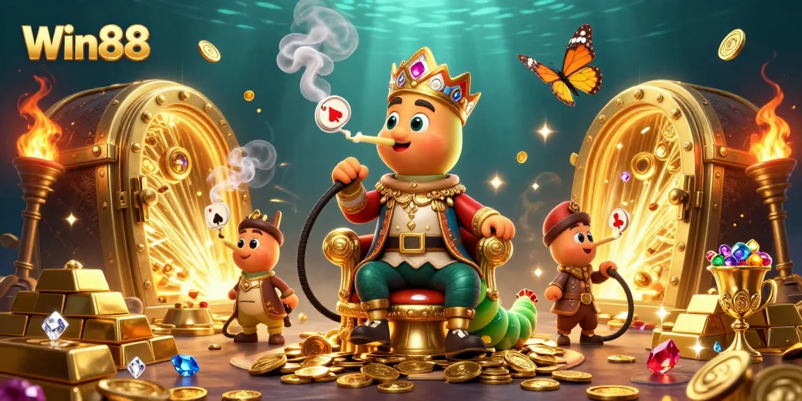 Win88 players winning big at an enchanting gaming scene filled with treasures and excitement.
