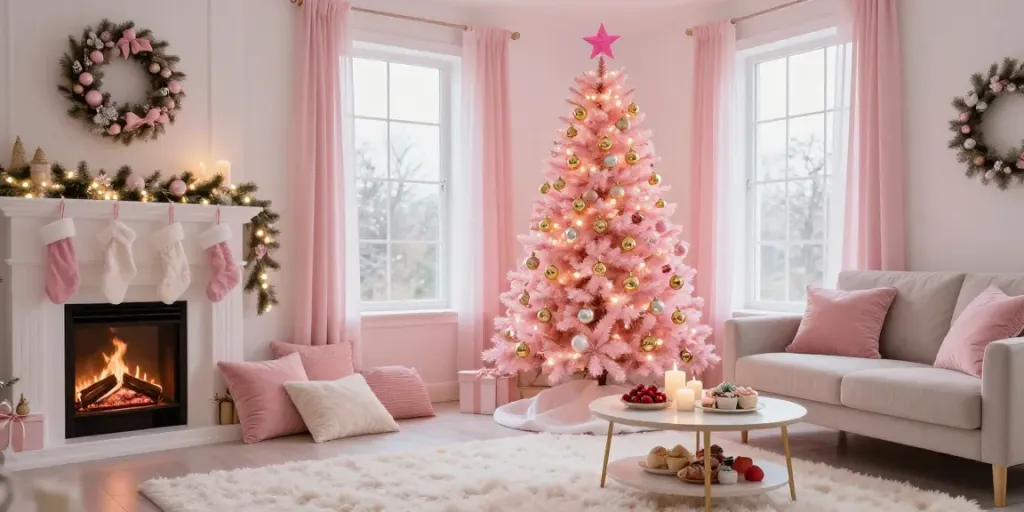 Captivating pink Christmas tree with festive decor creating a warm holiday atmosphere.