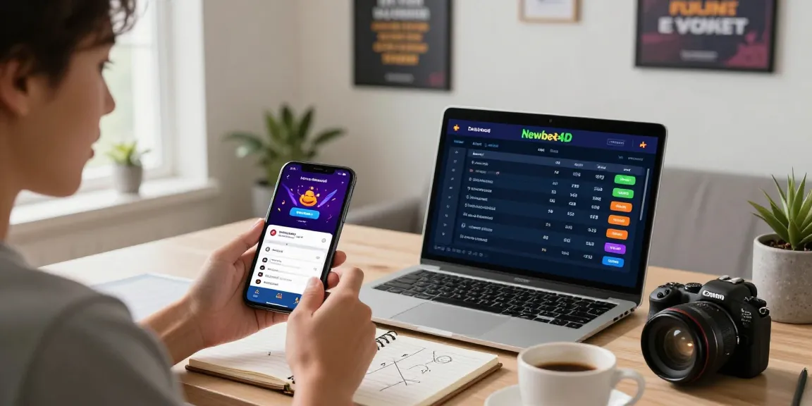 Engaged user exploring Newbet4D online betting platform on smartphone and laptop at home workspace.
