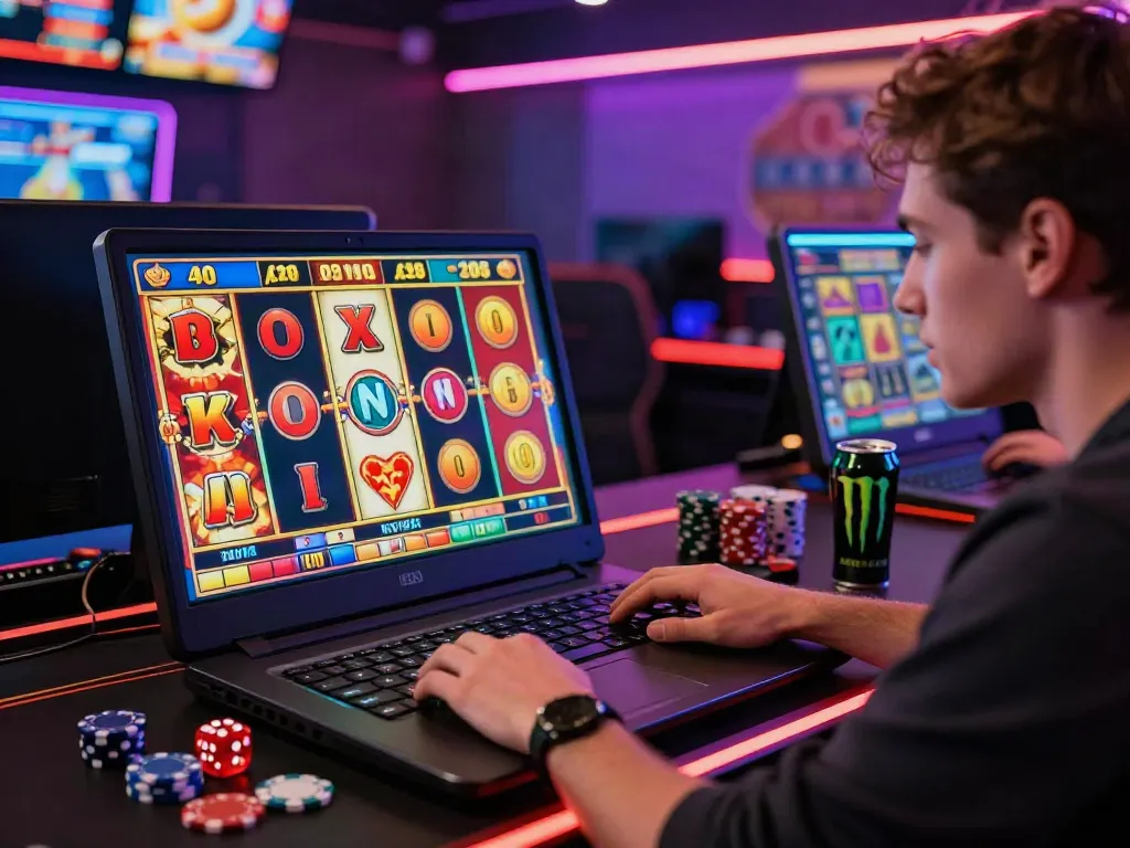 Player engaged with slot gacor hari ini on laptop, colorful gaming setup with excitement.