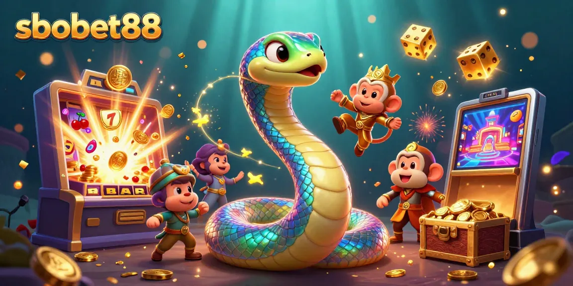 Win big with sbobet88 in this vibrant, captivating casino scene featuring a dynamic serpent and monkey king.