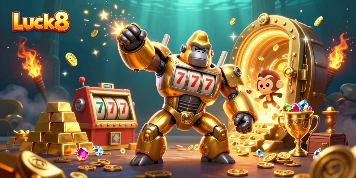 Experience big wins with Luck8 as a golden gorilla mech emerges from a treasure-filled vault in this dynamic casino scene.