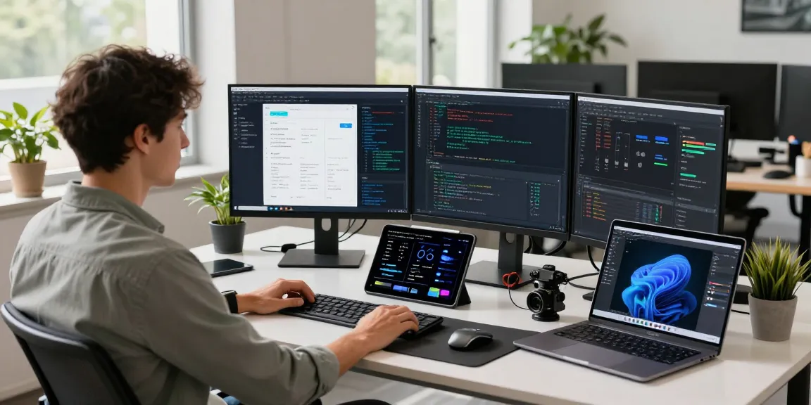 快连 application showcased on multiple screens in a modern tech workspace, highlighting its advanced features and user-friendly design, creating an innovative atmosphere.
