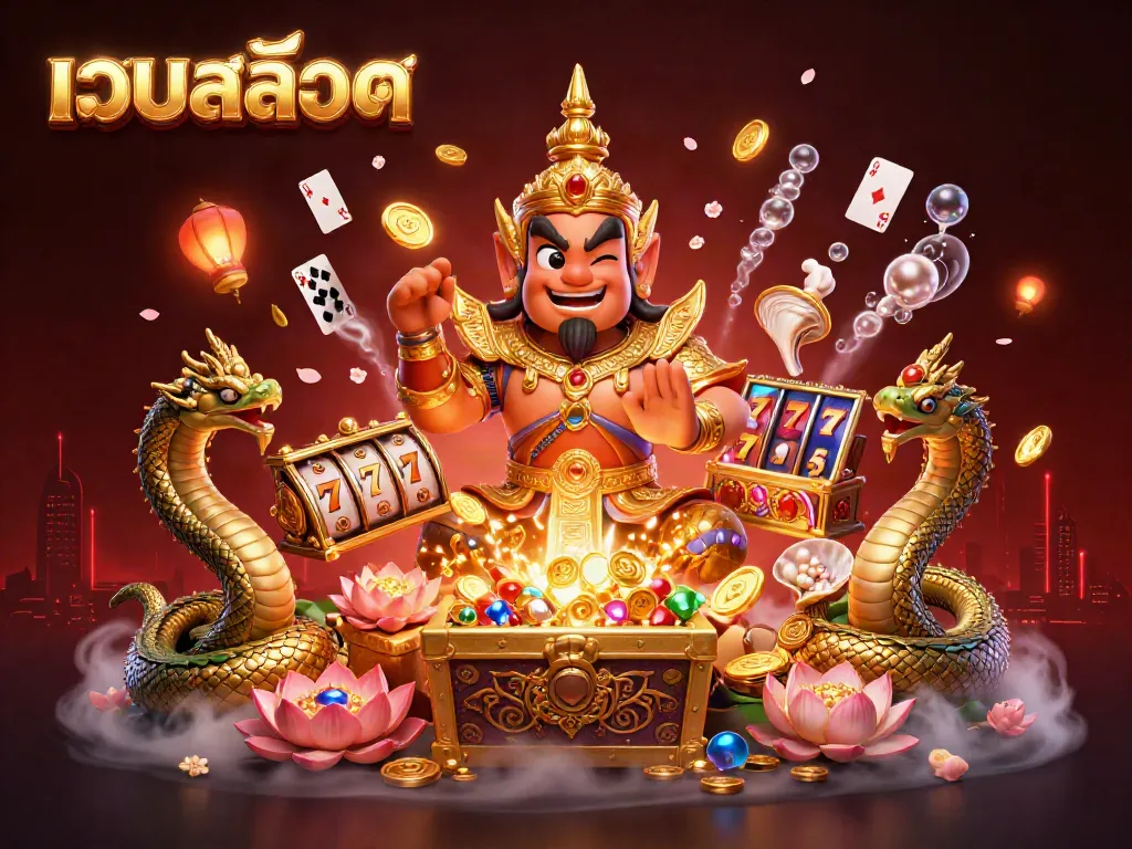 Engaging gameplay visuals of เว็บสล็อต featuring a Thai temple guardian, golden treasures, and slot elements for a vibrant casino experience.