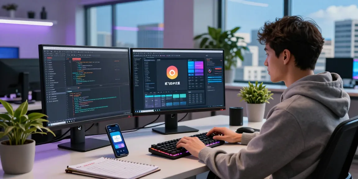 The scene featuring a developer working on 纸飞机中文版 with multiple monitors in a modern workspace.