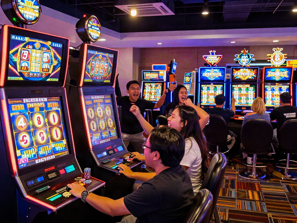 Thrilling bandar slot gaming atmosphere with players enjoying slot machines in a lively casino.
