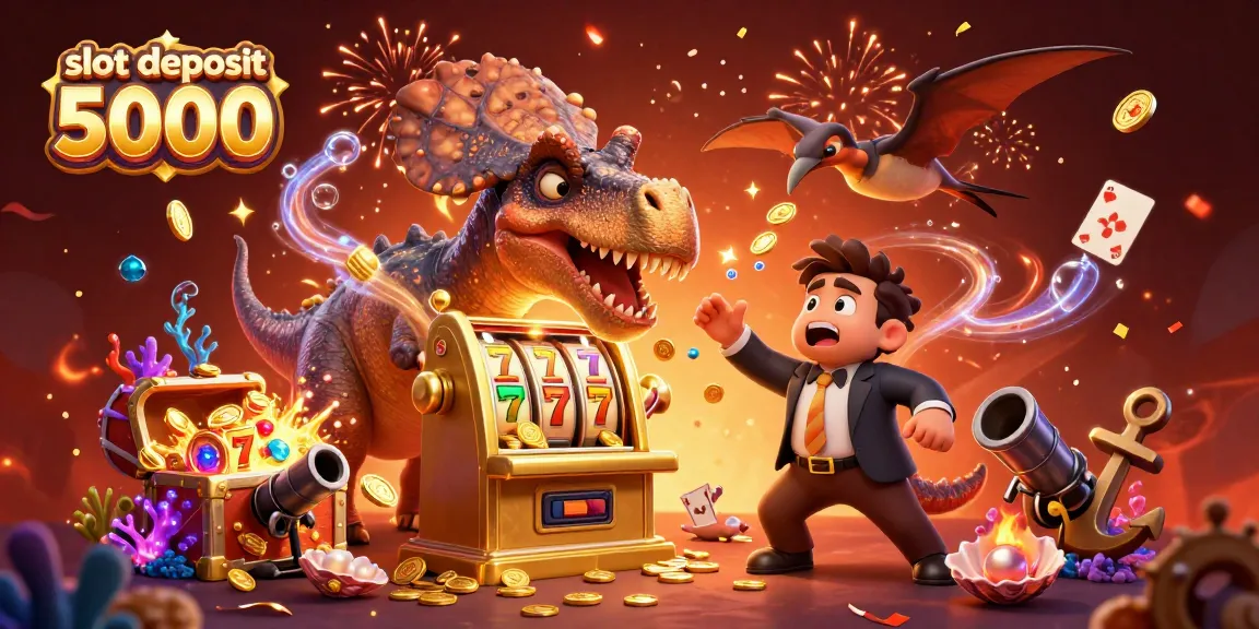 Menang besar dengan slot deposit 5000, ilustrasi karakter dinasaurus di kasino mendapatkan jackpot.