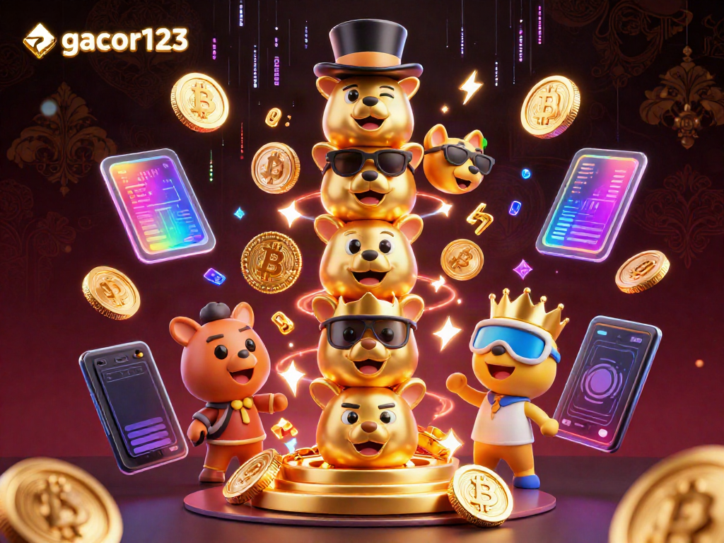 Engage with gacor123's vibrant gaming world filled with dynamic casino elements and colorful crypto currencies.