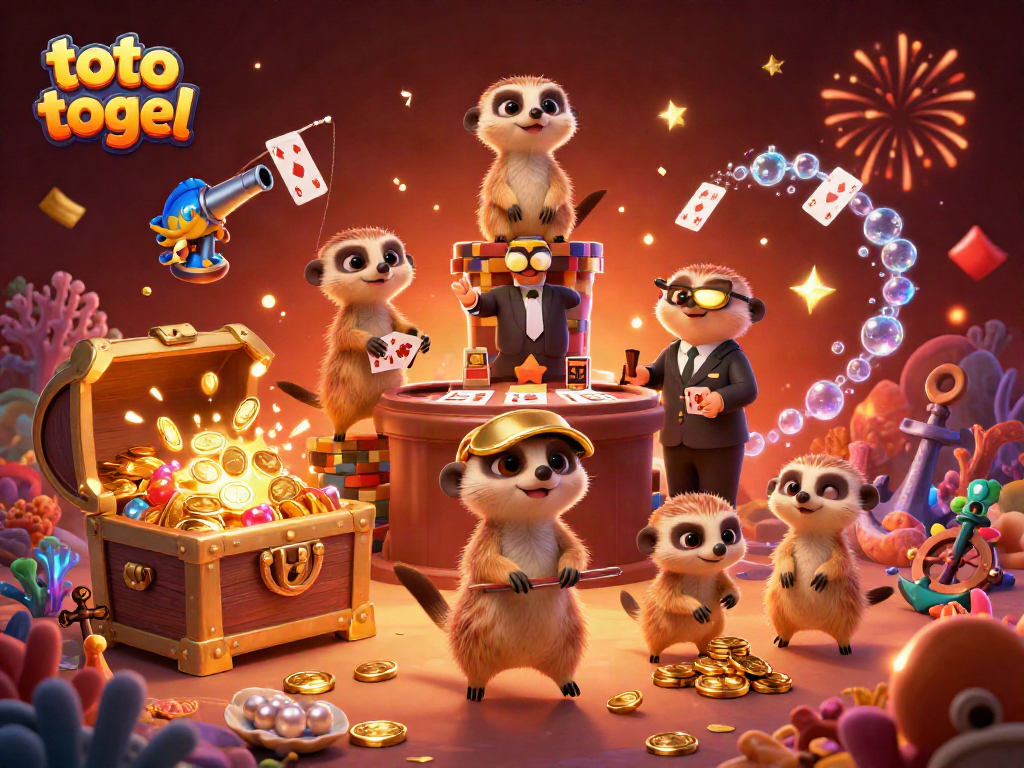 Exciting scene of meerkats managing a casino operation while promoting toto togel with colorful gems and confetti.