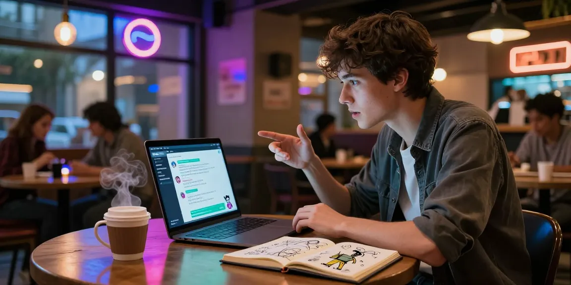 Engaging in nsfw ai chat in a vibrant digital café setting with colorful lights.
