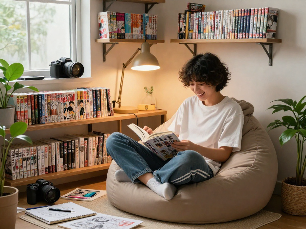 Manga collection in a cozy nook with a reader immersed in vibrant stories.