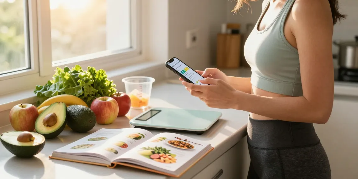 Logging meals into the best food tracking app with fresh ingredients in a bright kitchen.