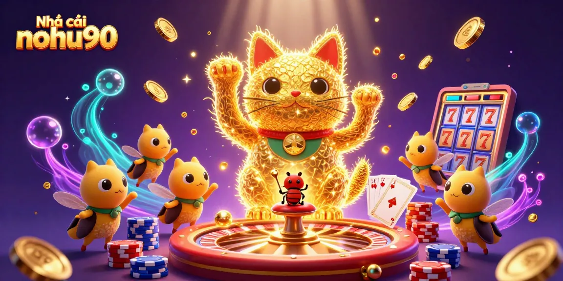 Play to win at Nhà cái nohu90 with a dazzling illustration of a lucky cat and casino symbols, featuring vibrant colors and dynamic elements.