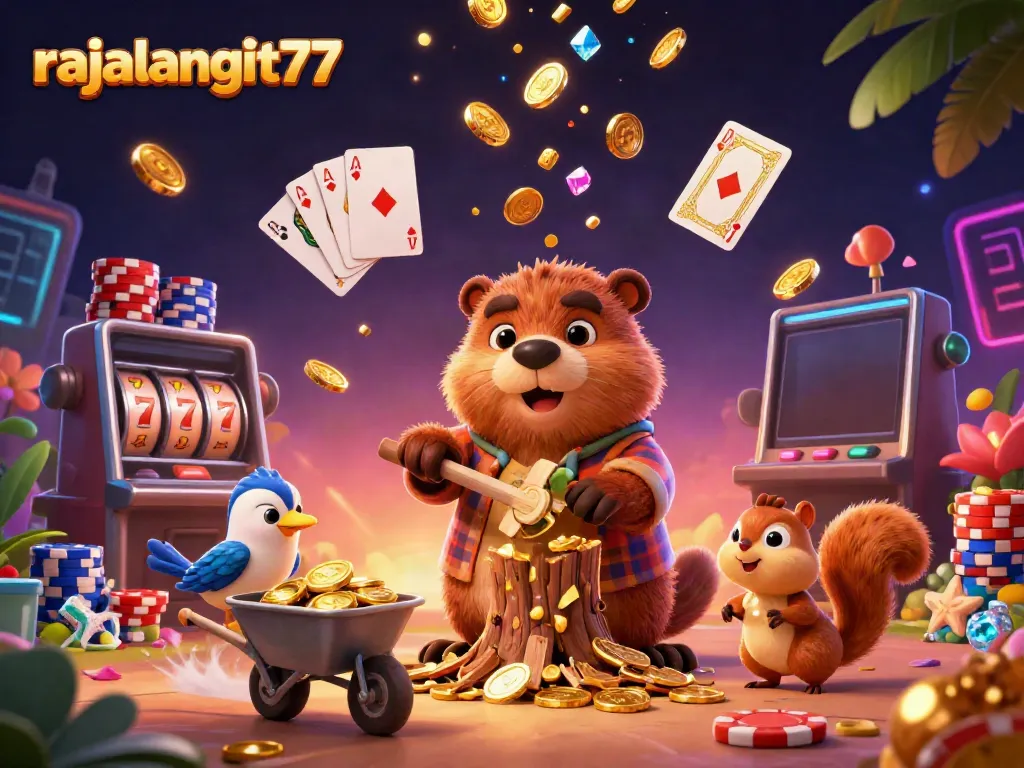 Mendapatkan emas dengan rajalangit77: ilustrasi karnaval kasino dengan karakter lucu di tengah aksi bermain