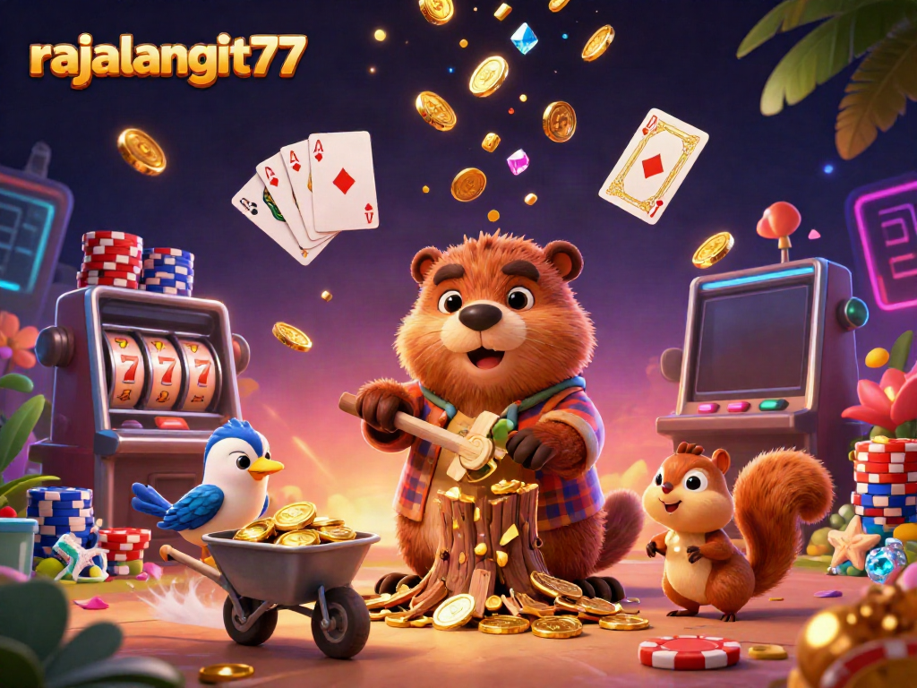 Mendapatkan emas dengan rajalangit77: ilustrasi karnaval kasino dengan karakter lucu di tengah aksi bermain