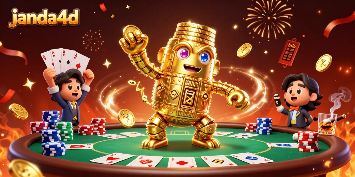 Permainan slot gacor di janda4d dengan golem emas yang menari bersama chip poker berwarna-warni.