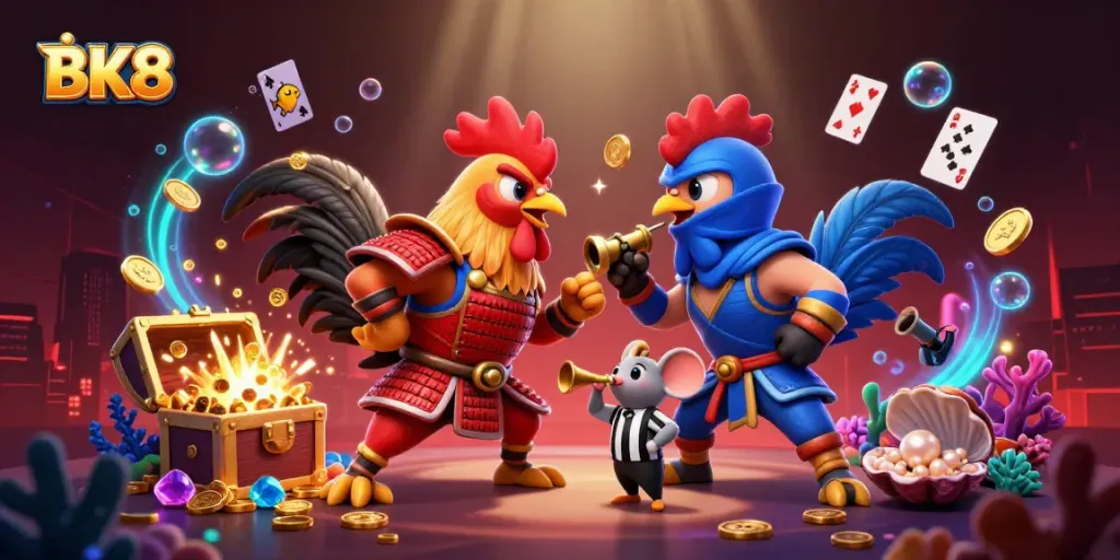 BK8 showcases an intense gambling standoff between twin fighting roosters with dynamic casino elements.