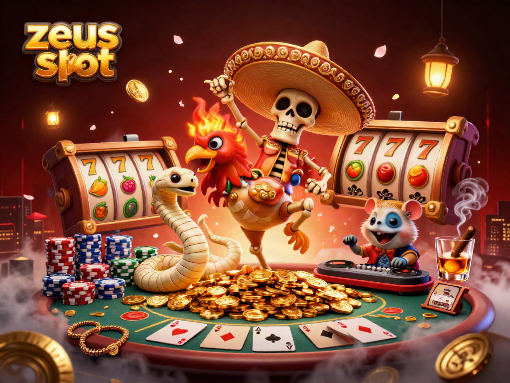 Experience the thrill of the zeus slot with vibrant characters and casino elements in an exciting 3D illustration.