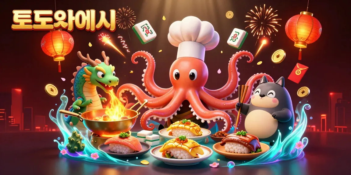 Engage with 토토사이트 through a vibrant illustration featuring an octopus chef and dragon in a gaming scene.