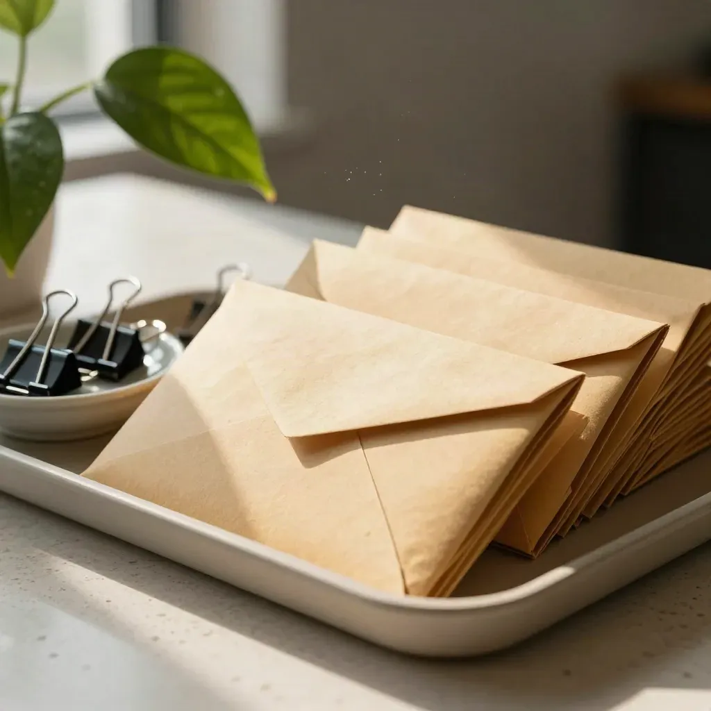 Kraft envelopes, binder clips and a pothos on a nonprofit counter in soft morning light.