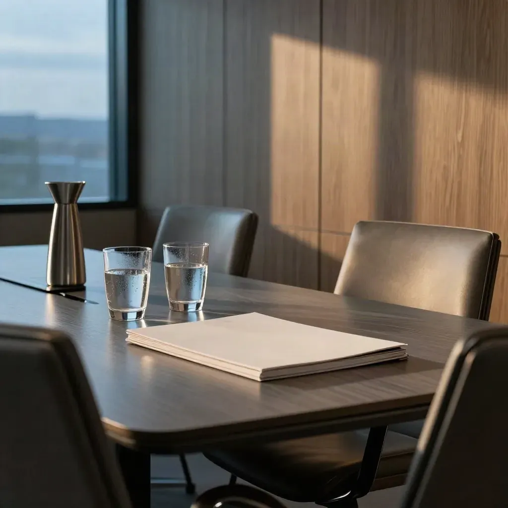 Blue-hour boardroom with a sealed folio, water glasses, and pushed-back chairs.