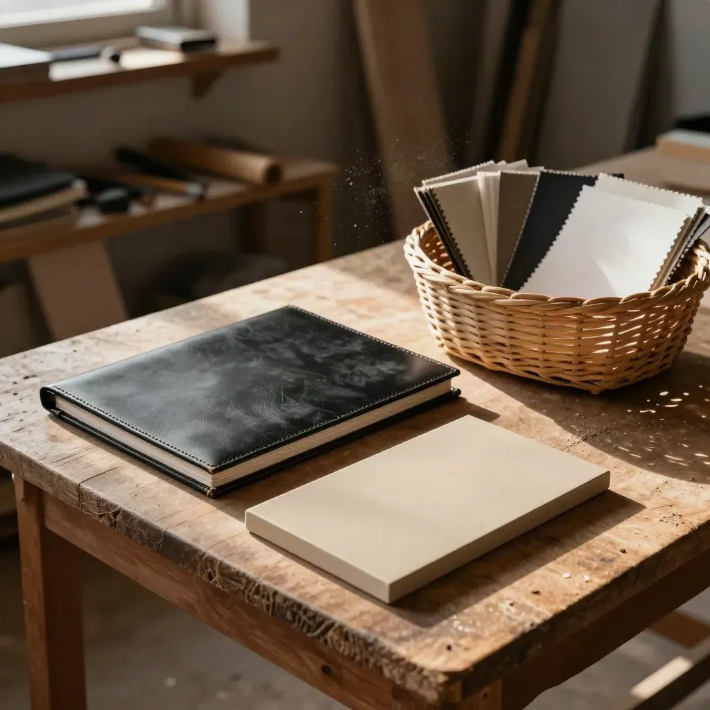 Closed folio, sample piece, and woven basket on a workshop bench in warm late-afternoon light.