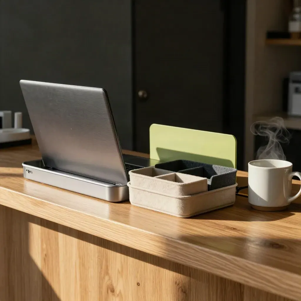 Closed laptop, cash tray and task trays on a small-business counter with morning steam.