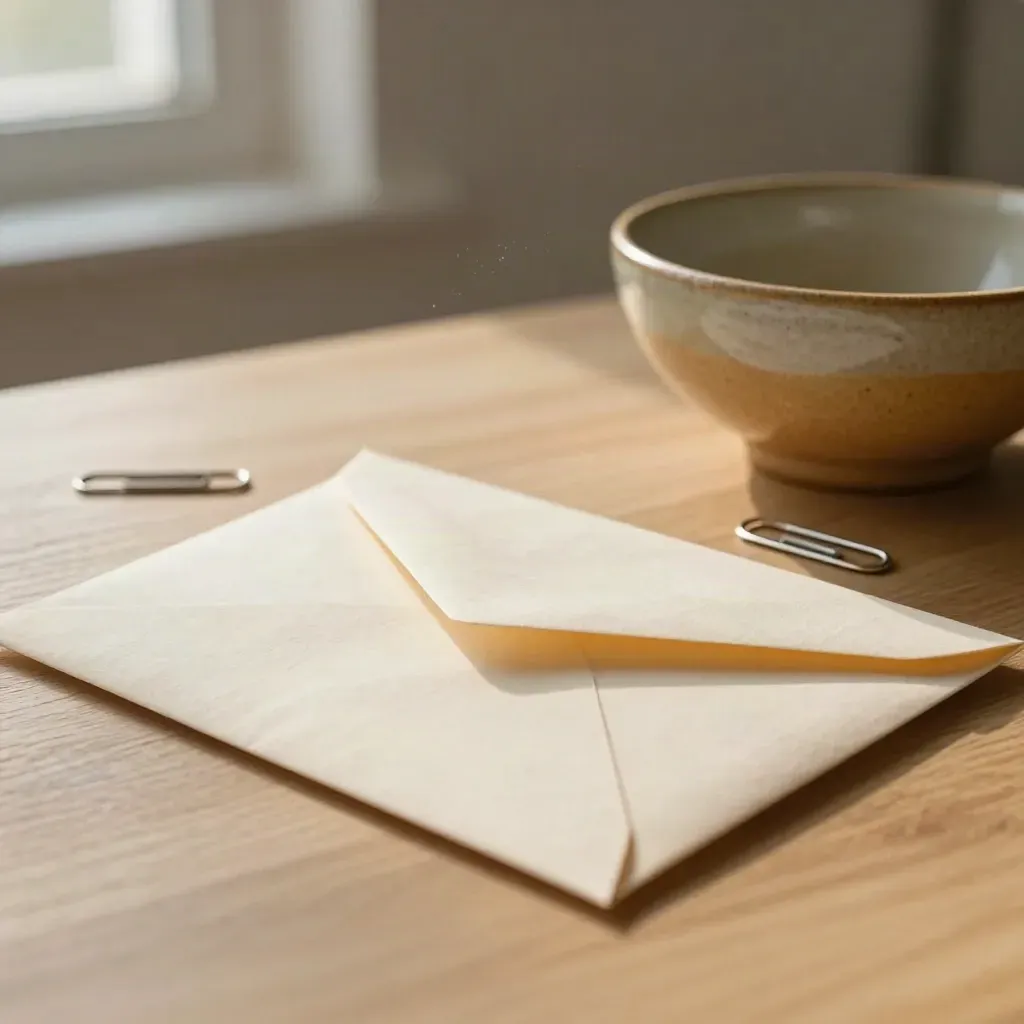 Sealed envelope, paperclip and ceramic bowl on pale wood in soft side light.