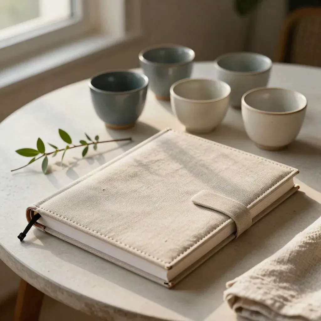 Planning notebook, four ceramic cups, and a native sprig on a pale plaster table.