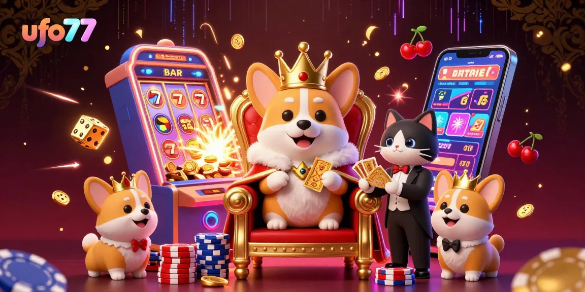 Spin the reels in style at ufo77 with a royal corgi and jackpot excitement in a vibrant casino scene.