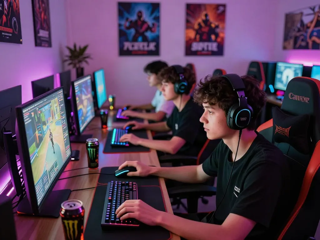 Group gaming session highlighting rokok88 apk in a vibrant gaming setup with LED lights