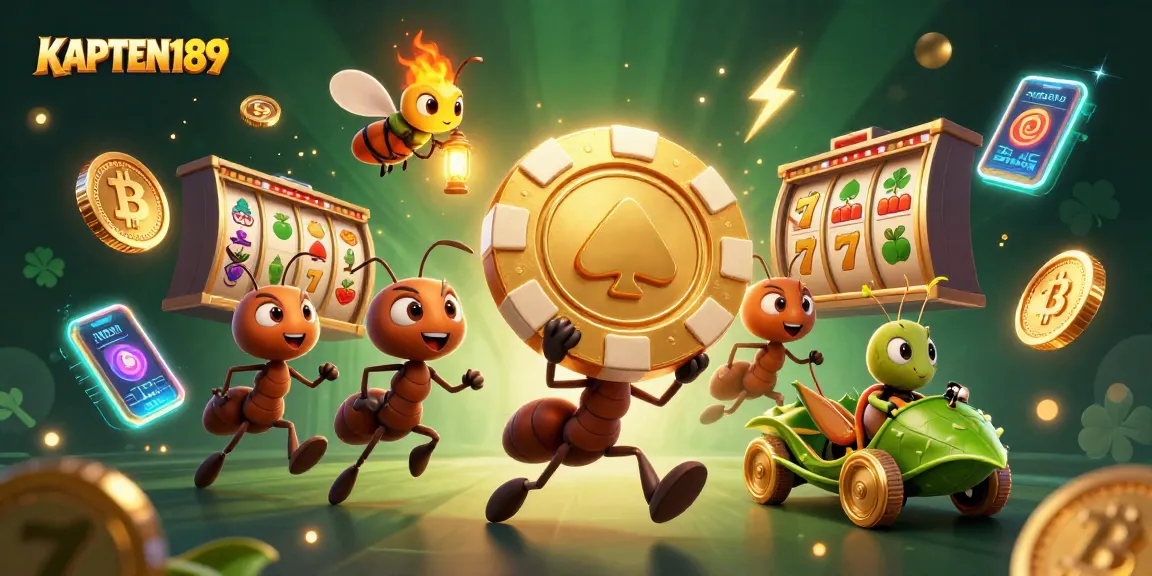 KAPTEN189 memperlihatkan karakter 3D seperti semut yang melakukan pencurian chip poker emas di tengah elemen slot dan koin kripto.