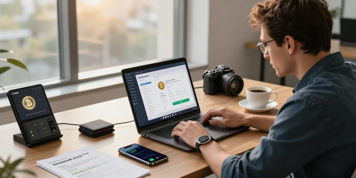 Recover lost crypto assets with a professional using recovery software in a modern tech workspace.