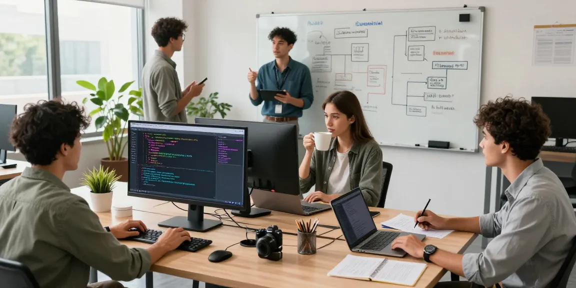 Team of developers collaborating in a modern workspace, using cika4d for innovative solutions.