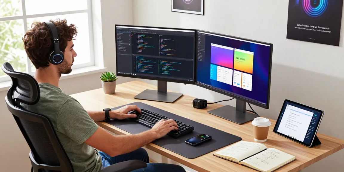 Software developer working at raja328 workspace with dual monitors, laptop, and modern tech setup in bright office.