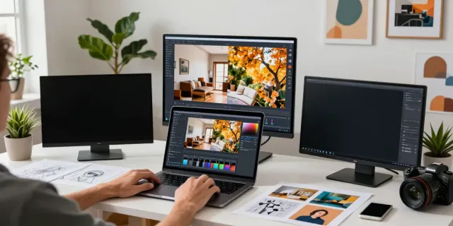 Creative professional using an image variation generator in a vibrant digital workspace with photo displays.