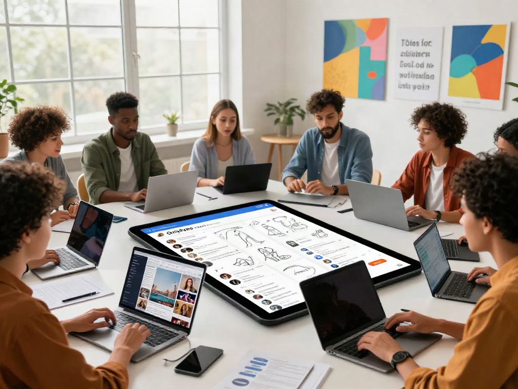 Creators collaborating on OnlyFans leaks strategies in a vibrant studio.
